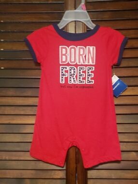 🛍 Red 'BORN FREE' Baby Romper with Navy Trim 9 Months